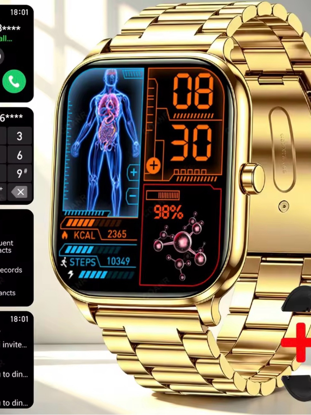 Gold Smartwatch with Metal Link Band - Bluetooth Fitness Tracker